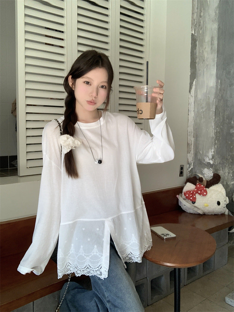 JMA-957 实拍 春季新款甜美辣妹设计感蕾丝花边开叉叠穿长袖T恤打底衫