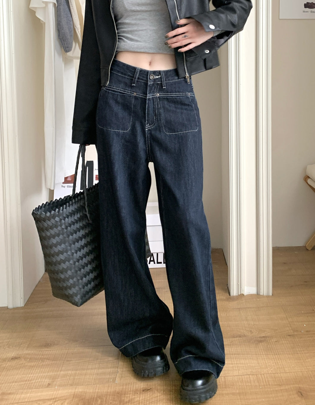 JMA-960 实拍 春季新款韩版小个子直筒牛仔裤女普洗阔腿牛仔长裤子