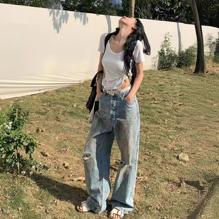 JMA-1057 实拍！复古韩版水洗做旧脏脏裤宽松高腰牛仔裤直筒裤女潮