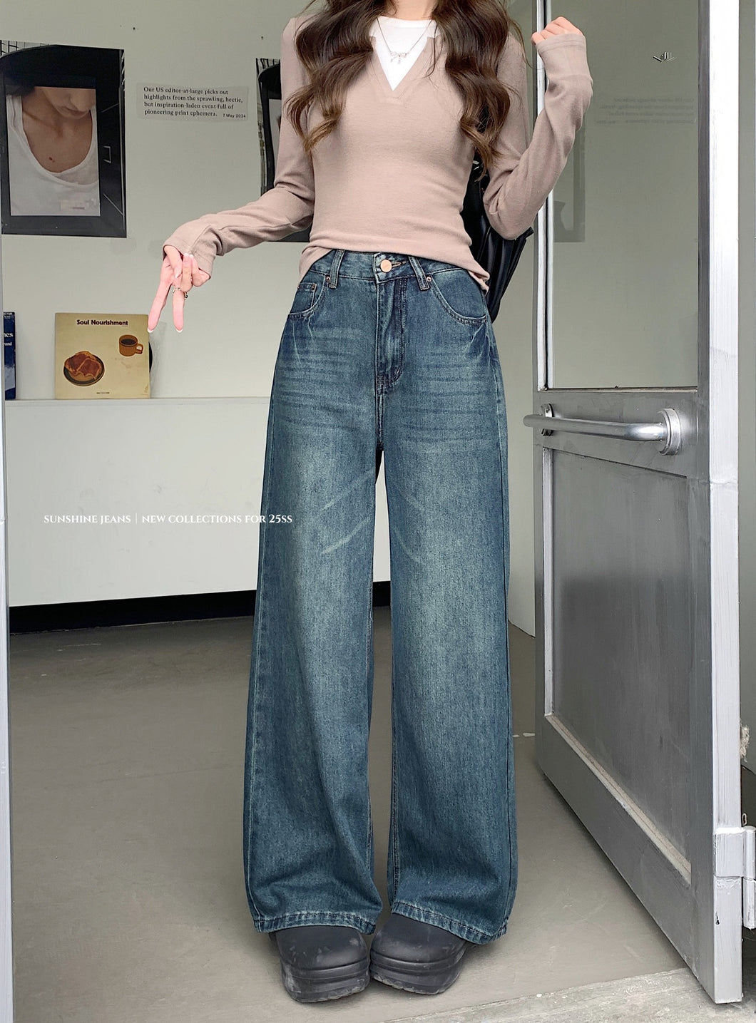 JMA-1040 实拍 春季美式复古蓝色窄版阔腿牛仔裤女宽松直筒牛仔裤拖地长裤