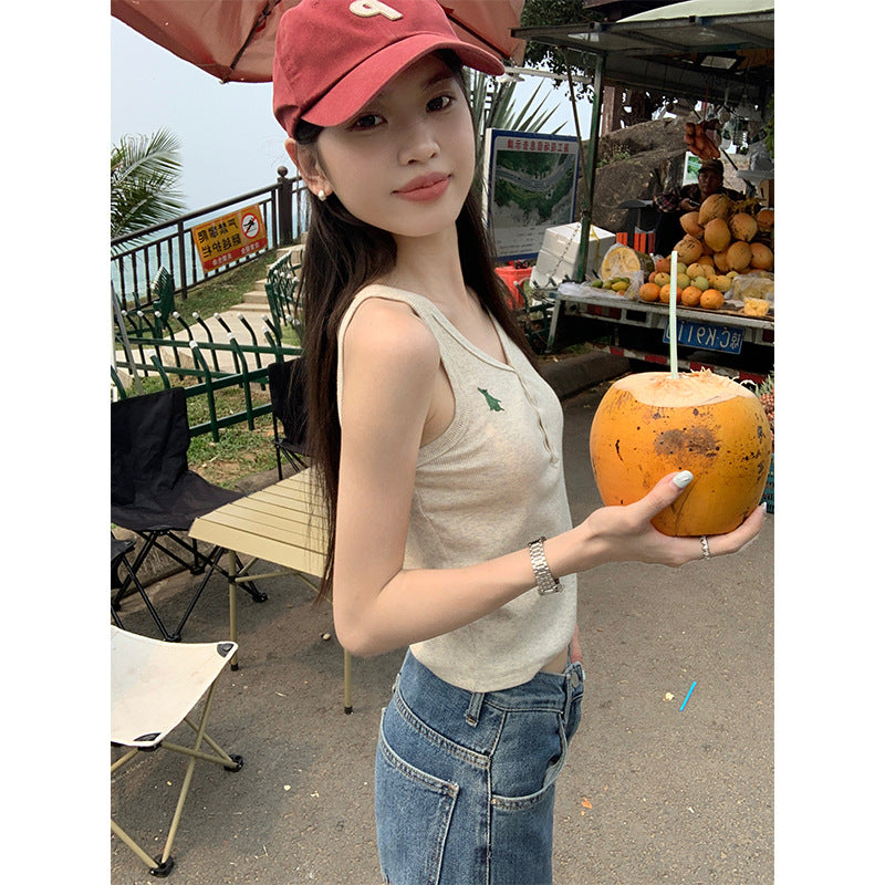 JMA-835 韩版甜辣纯欲风小兔子刺绣吊带夏季半开领V领修身显瘦外穿背心