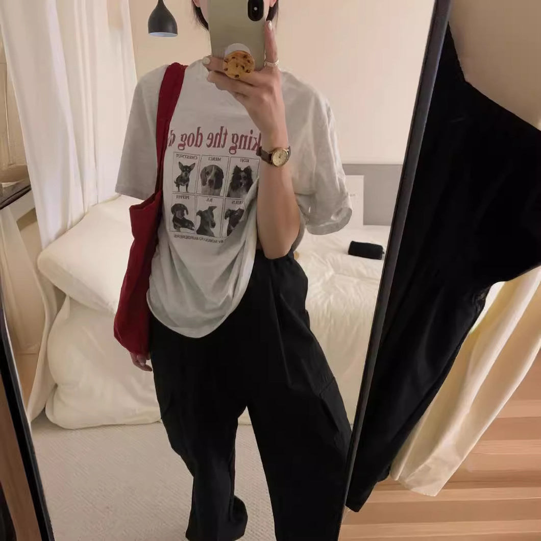 JMA-836 实拍 夏季新款韩系ins风宽松字母印花短袖T恤女小狗印花体恤