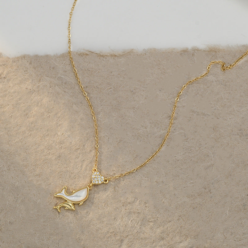 JME-1049 真金电镀镶锆石气质锁骨链女小众设计感天然贝母海豚吊坠项链批发