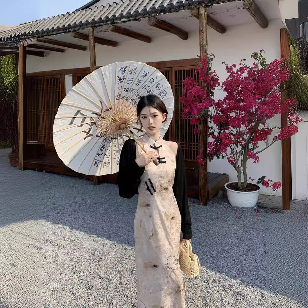 JMA-797 国风新中式复古印花挂脖收腰显瘦旗袍式连衣裙+百搭长袖开衫