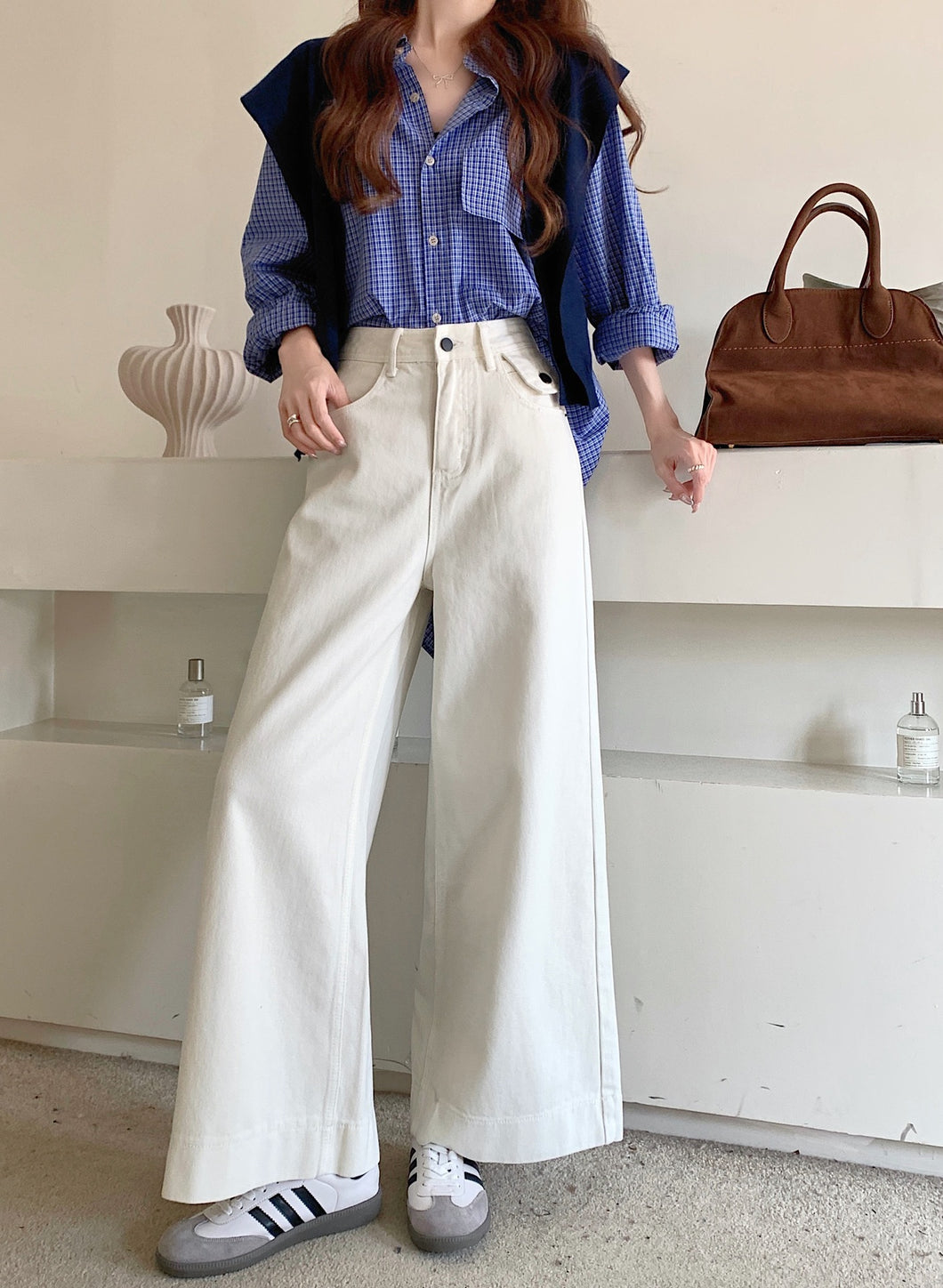 JMA-985 实拍 春季新款韩版小个子大阔腿直筒牛仔裤女九分裤子