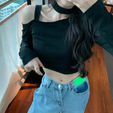 將圖片載入圖庫檢視器 GW-533 設計感黑色長袖打底衫女式性感露肩純色上衣休閒T
