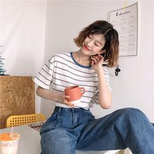 將圖片載入圖庫檢視器 TYM-2132 藍領插色條紋短袖T女夏季寬鬆打底衫學生休閒 上衣
