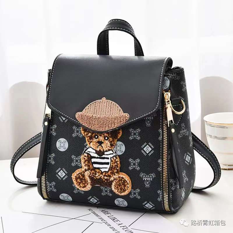 JM-139 新款小方包街頭潮流卡通直播單肩雙肩包撞色小熊裝飾女包 女包